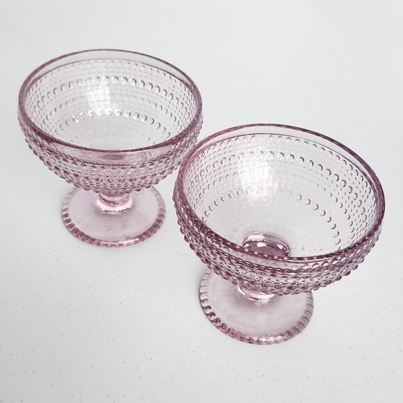 Set of 2 Textured Pink Dessert Ice Cream Glasses Bubble Pearl Stem Glassware - Picture 4 of 4